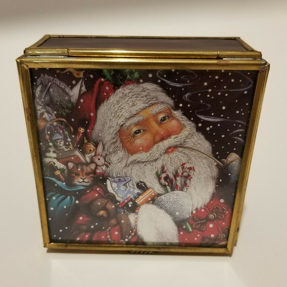 Via Vermont Glass Santa Trinket Box 1994 Christmas Jewelry Box  Vintage Santa